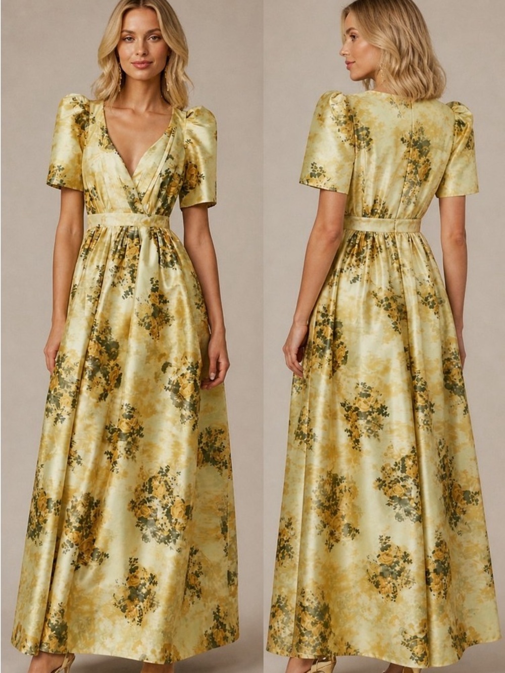 BHLDN Yellow Floral Satin Maxi Dress with Puff Sleeves